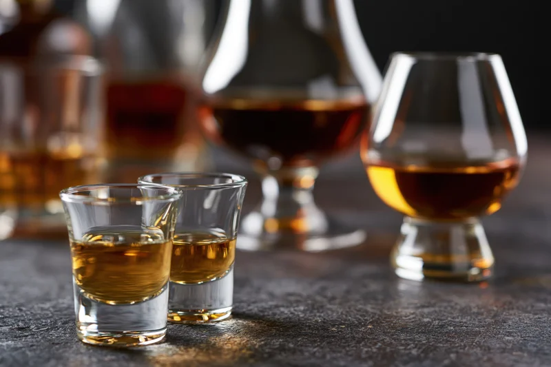 Whiskey and cognac glasses arranged on a dark wet surface with reflections and decanters in the background