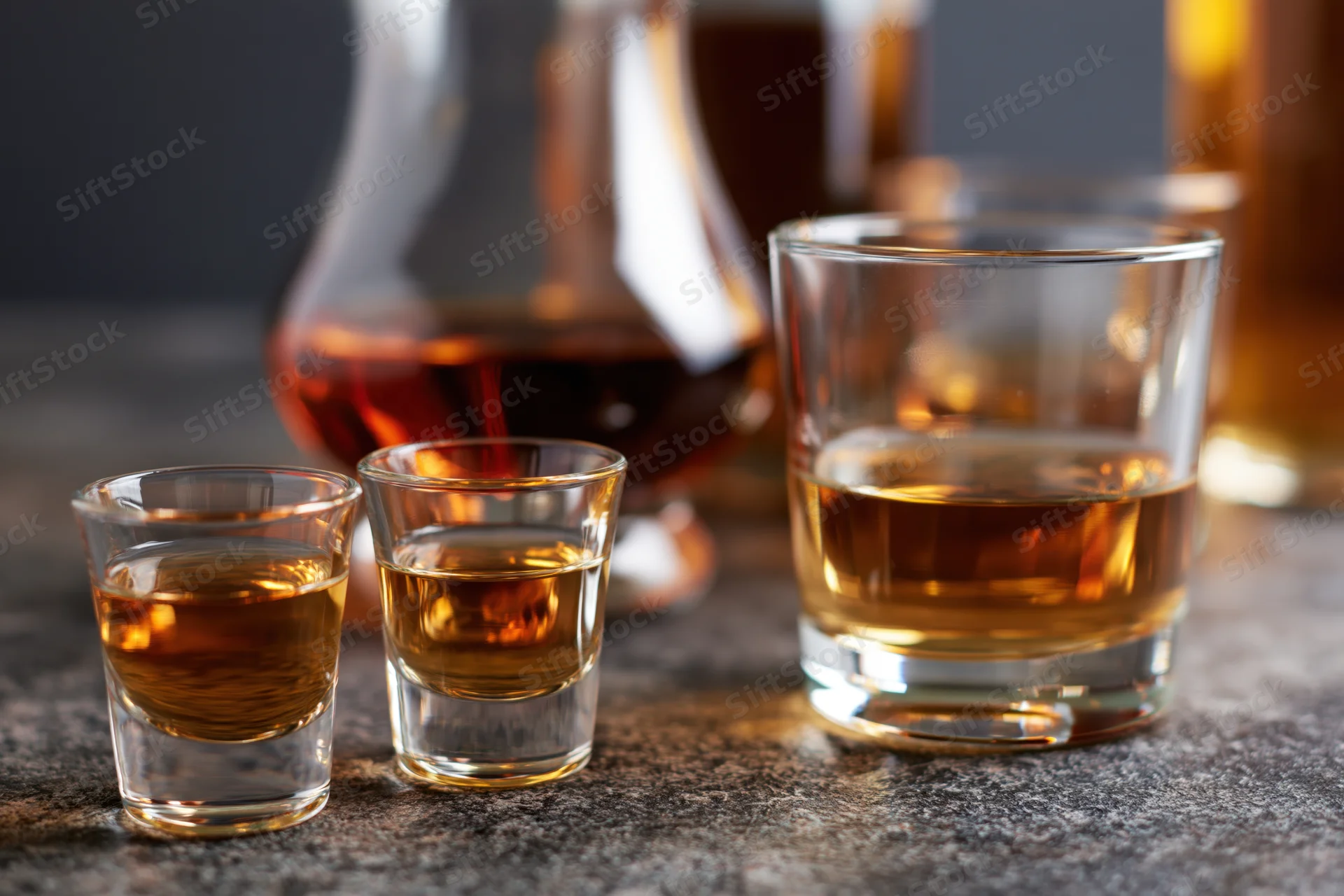 Whiskey and cognac glasses arranged on a dark wet stone surface with a decanter in the background