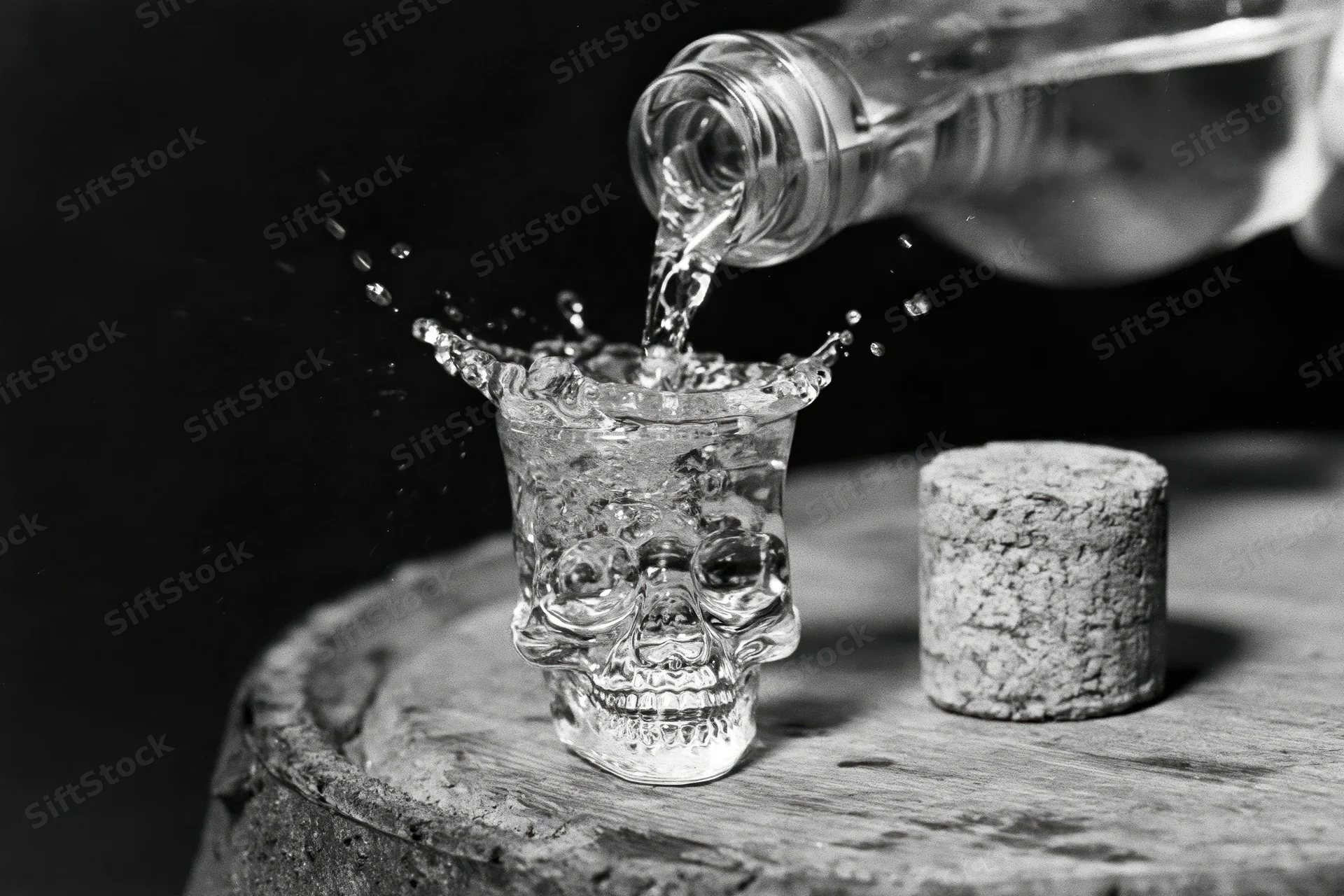 Clear liquor being poured from a bottle into a skull-shaped glass on a wooden barrel