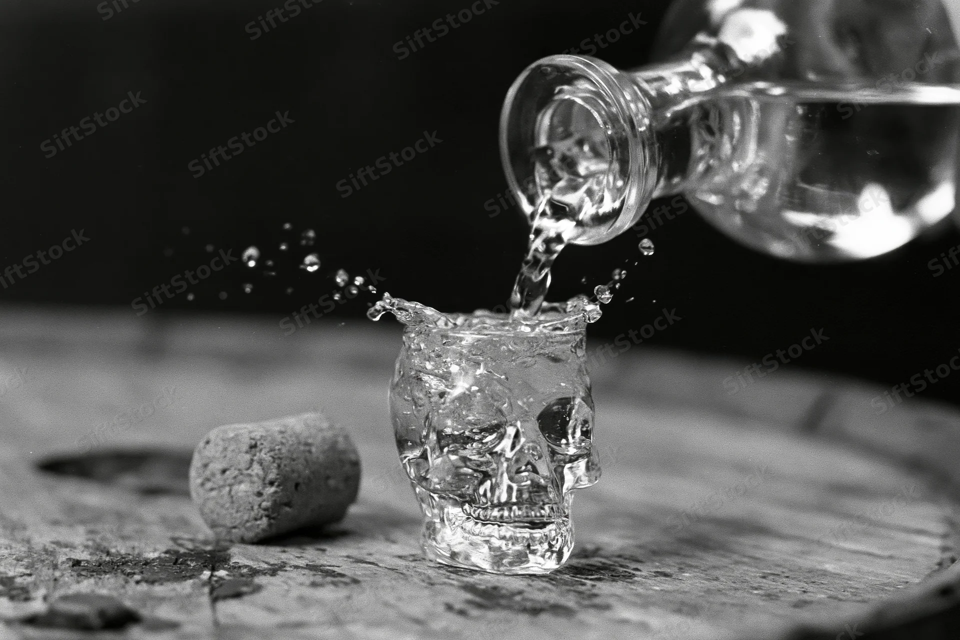 Clear liquor being poured from a bottle into a skull-shaped glass on a wooden surface with a cork nearby