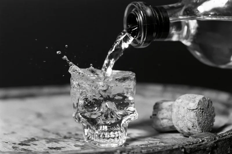 Clear liquor being poured from a bottle into a skull-shaped glass on a wooden surface