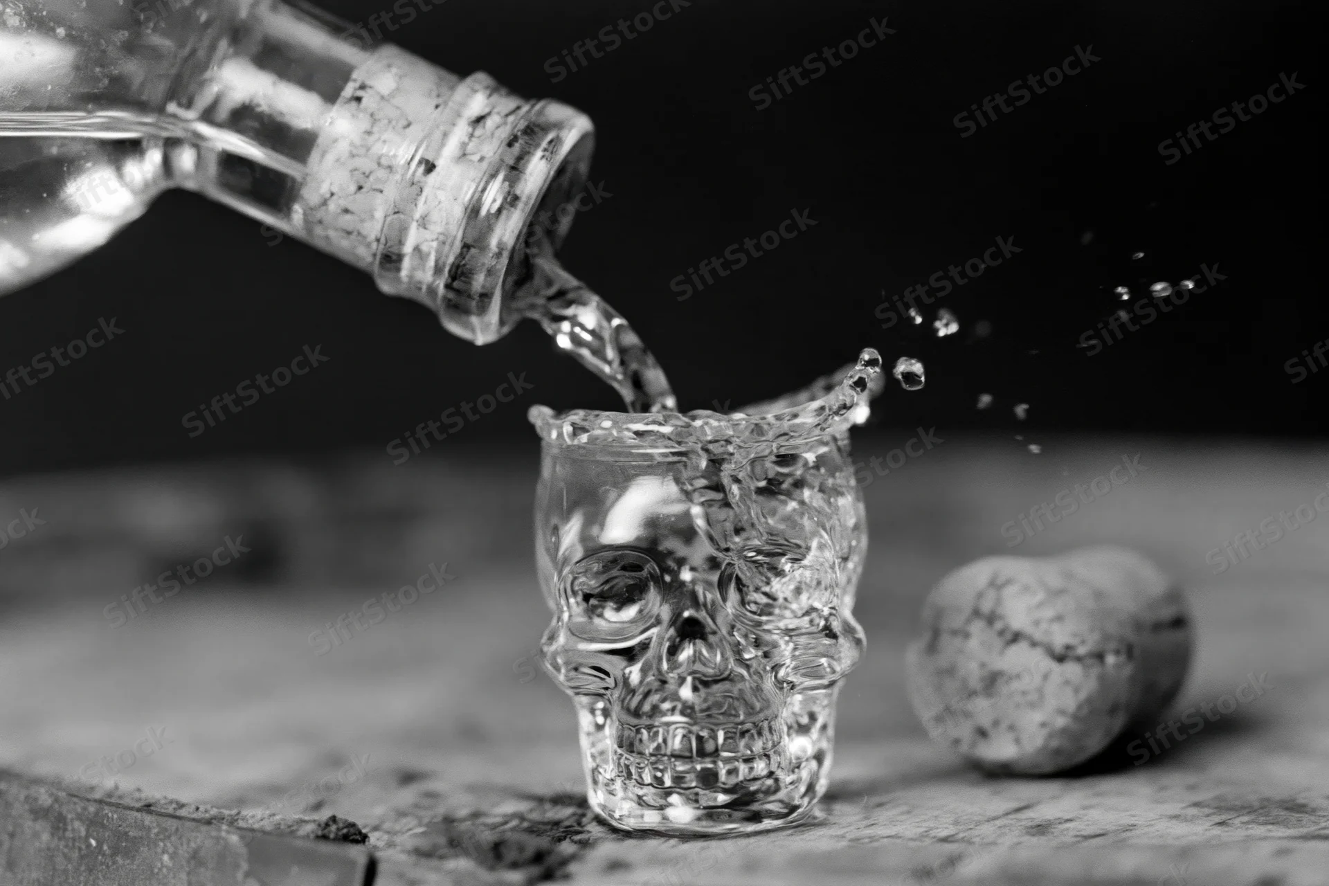 Clear liquor being poured from a tilted bottle into a skull-shaped glass on a wooden surface