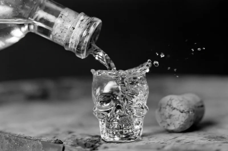 Clear liquor being poured from a tilted bottle into a skull-shaped glass on a wooden surface