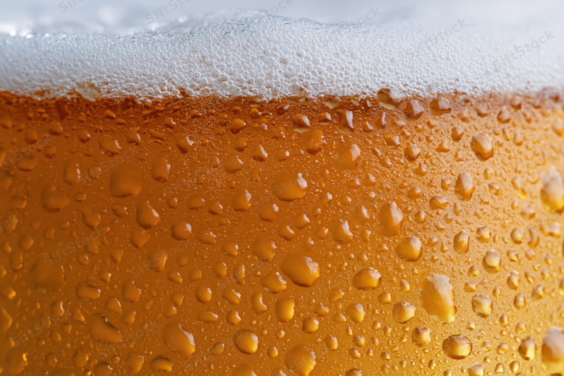 Close-up of condensation droplets on a cold beer glass with white foam head