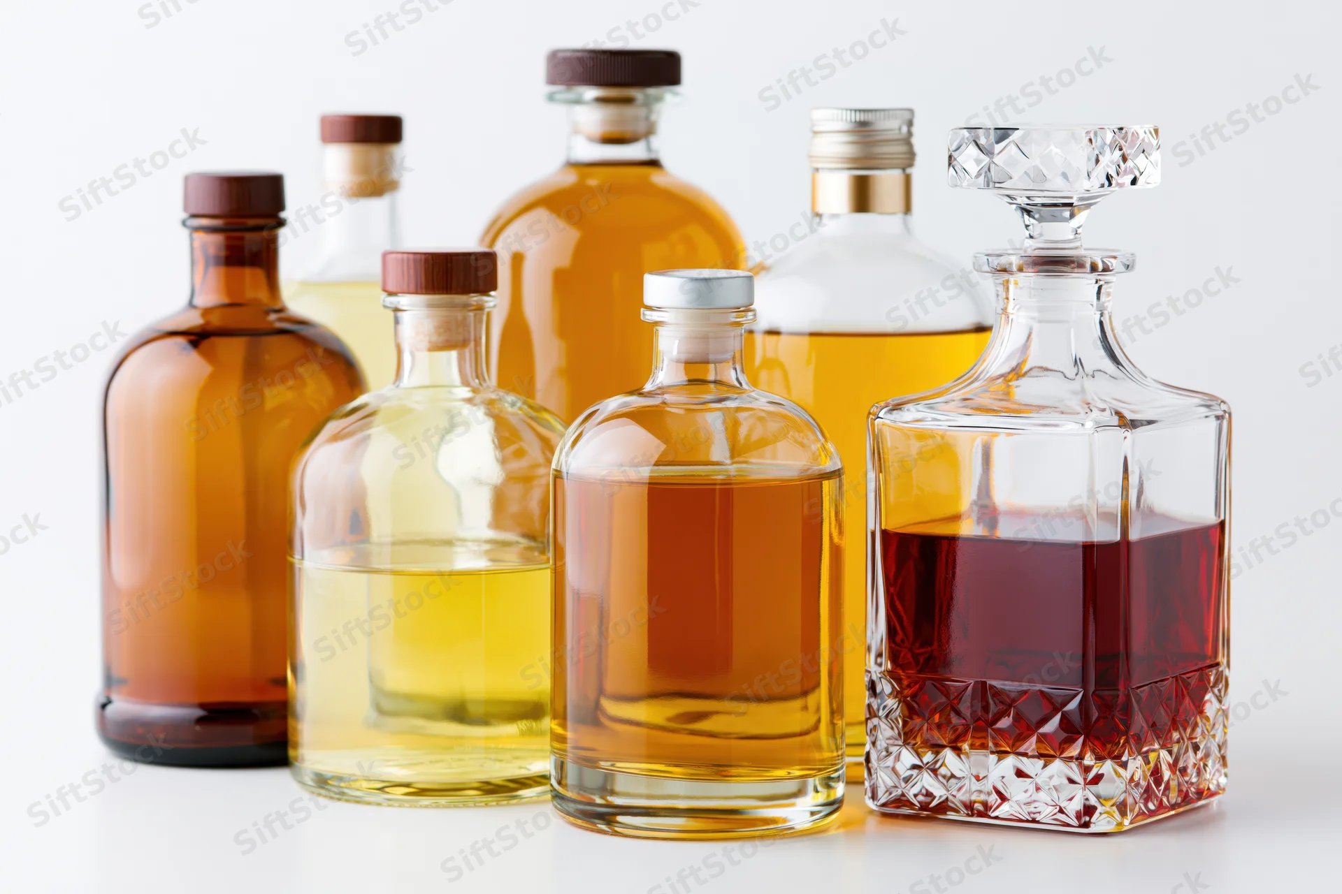 Assorted liquor bottles and a crystal decanter arranged on a white surface