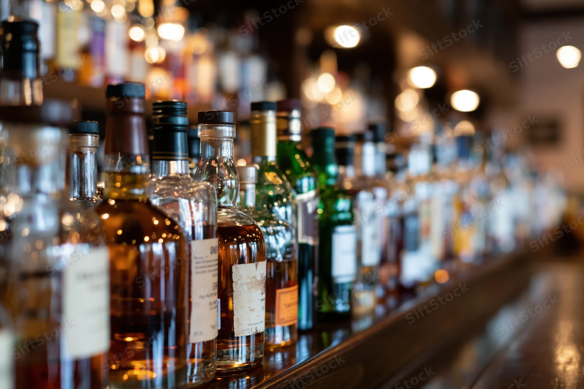Assorted liquor bottles lined up along a dark wooden bar counter with warm ambient lighting and bokeh background