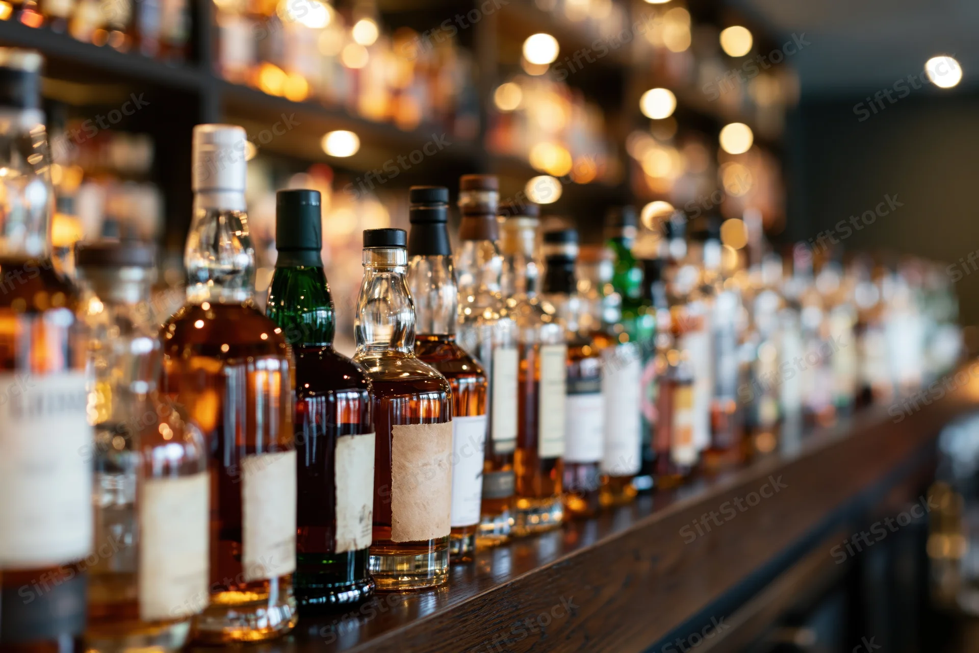 Assorted liquor bottles lined up along a dark wooden bar counter in a dimly lit bar interior
