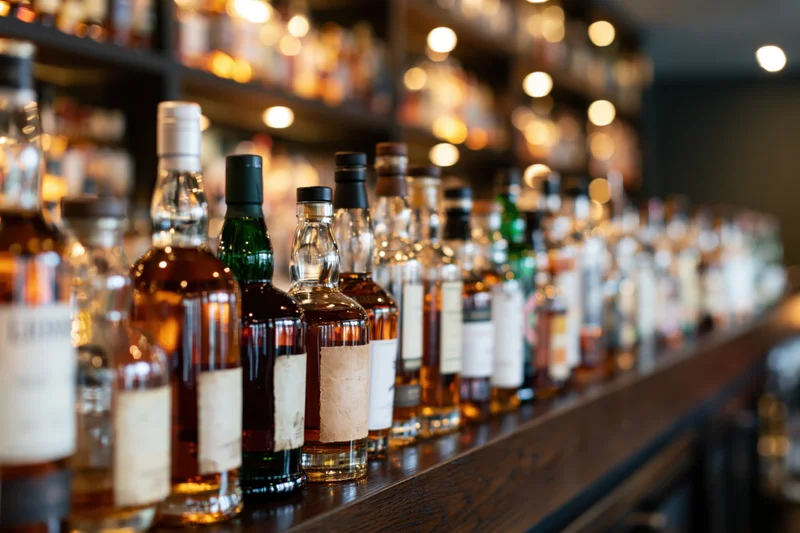 Assorted liquor bottles lined up along a dark wooden bar counter in a dimly lit bar interior