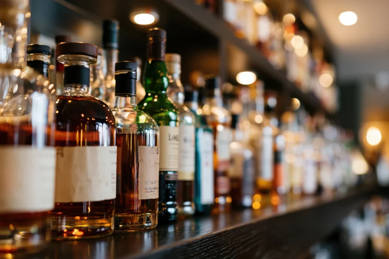 Assorted liquor bottles lined up on a dark wooden bar shelf with warm lighting and blurred background