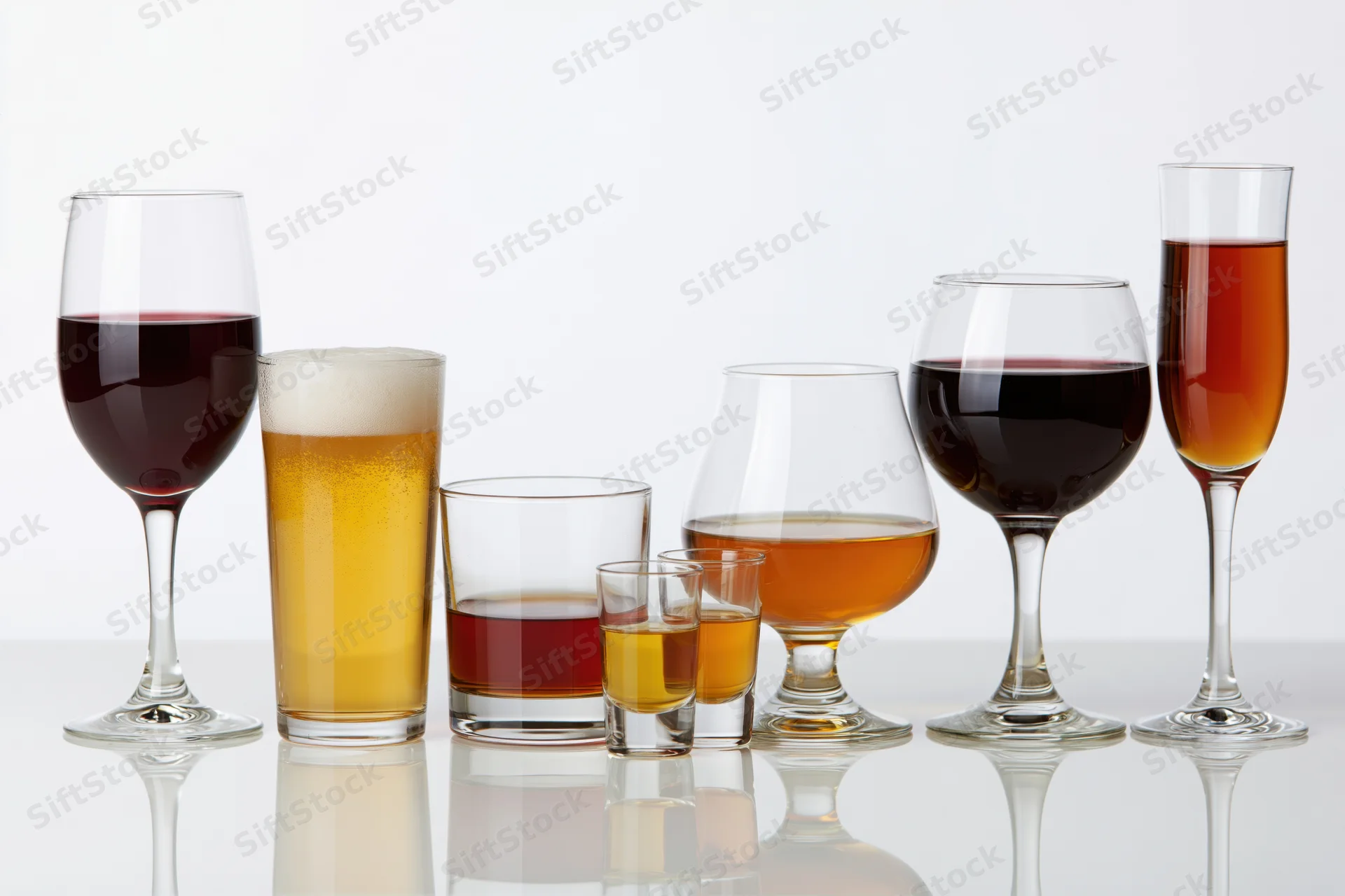 Assorted drink glasses lined up on a reflective white surface