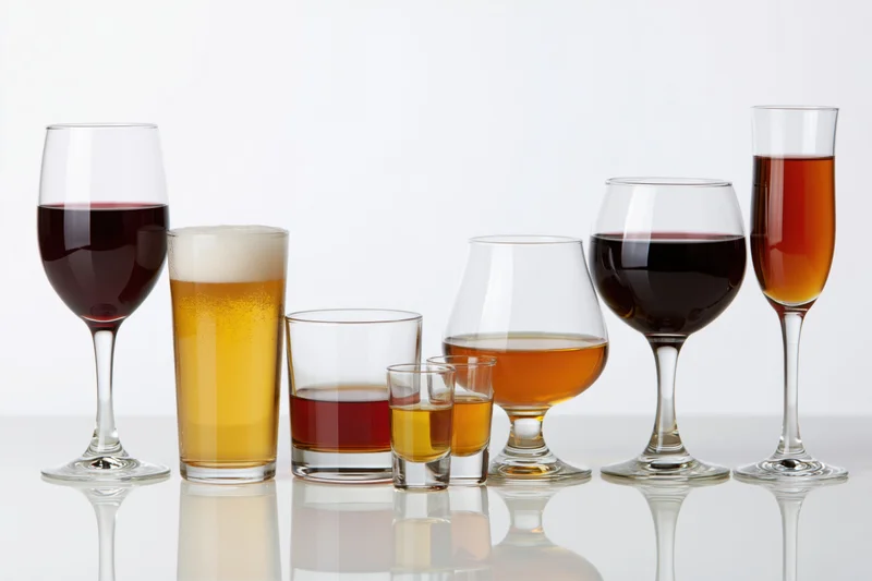 Assorted drink glasses lined up on a reflective white surface