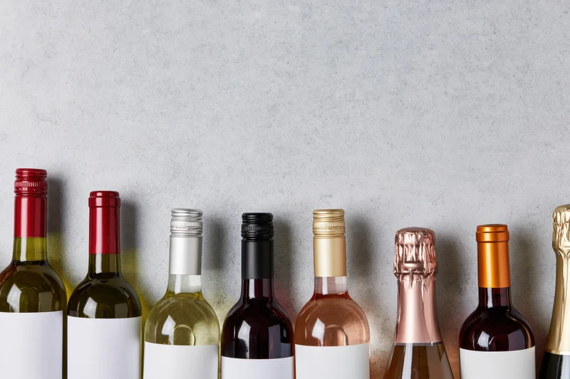 Row of wine bottles with blank labels lined up against a gray wall