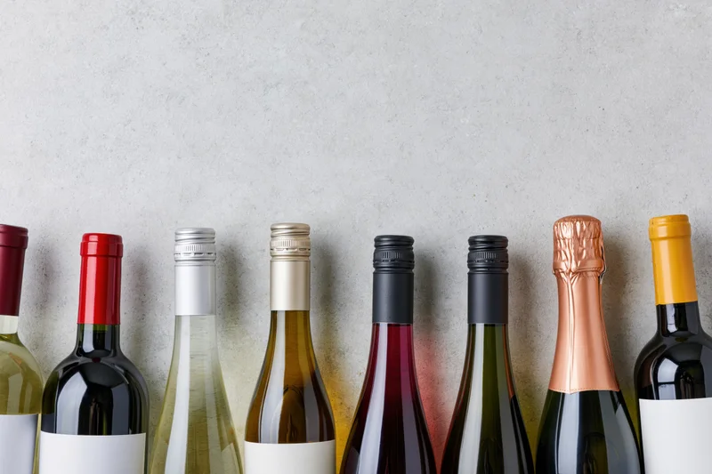 Row of wine bottles with blank labels against a gray concrete wall