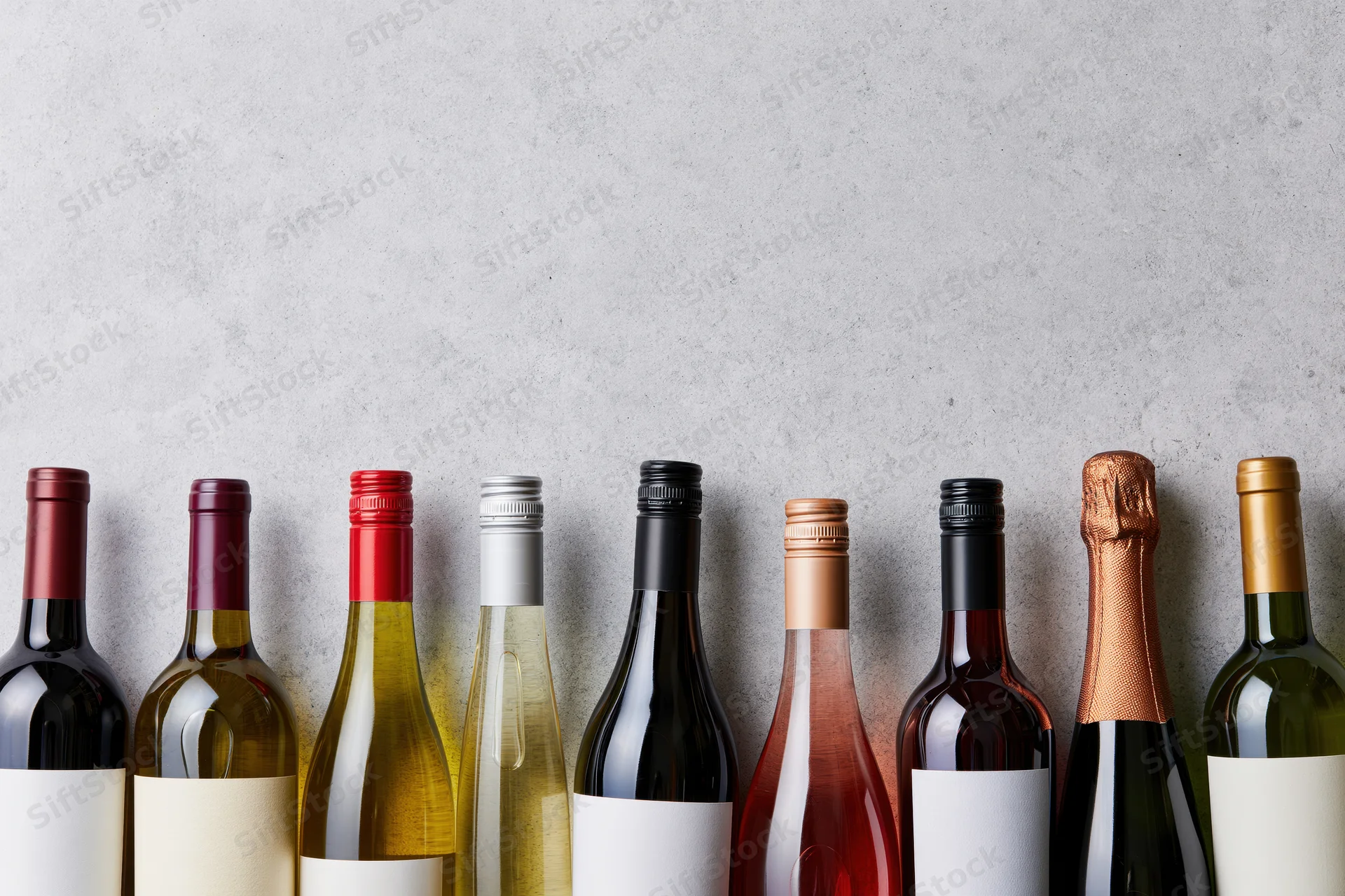 Row of wine bottles with blank labels lined up against a concrete wall