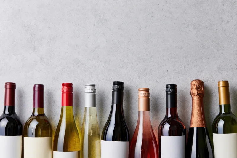 Row of wine bottles with blank labels lined up against a concrete wall