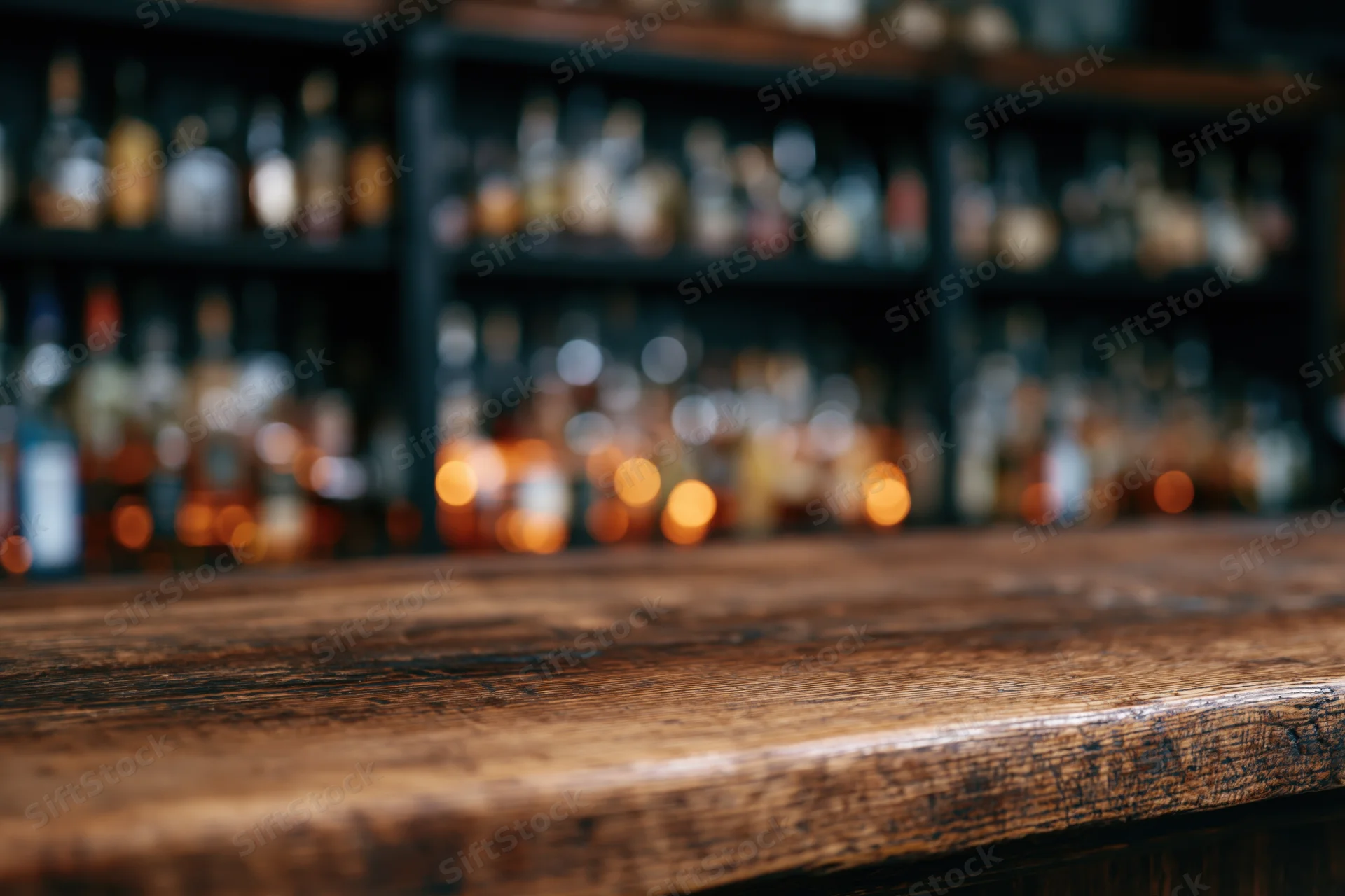 Worn wooden bar counter in focus with blurred liquor bottles on shelves behind