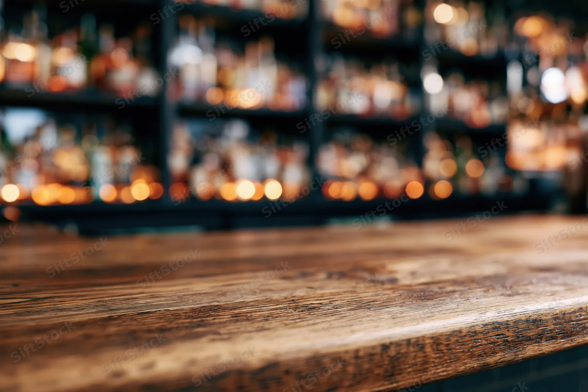 Worn wooden bar counter in foreground with blurred liquor bottles on shelves behind