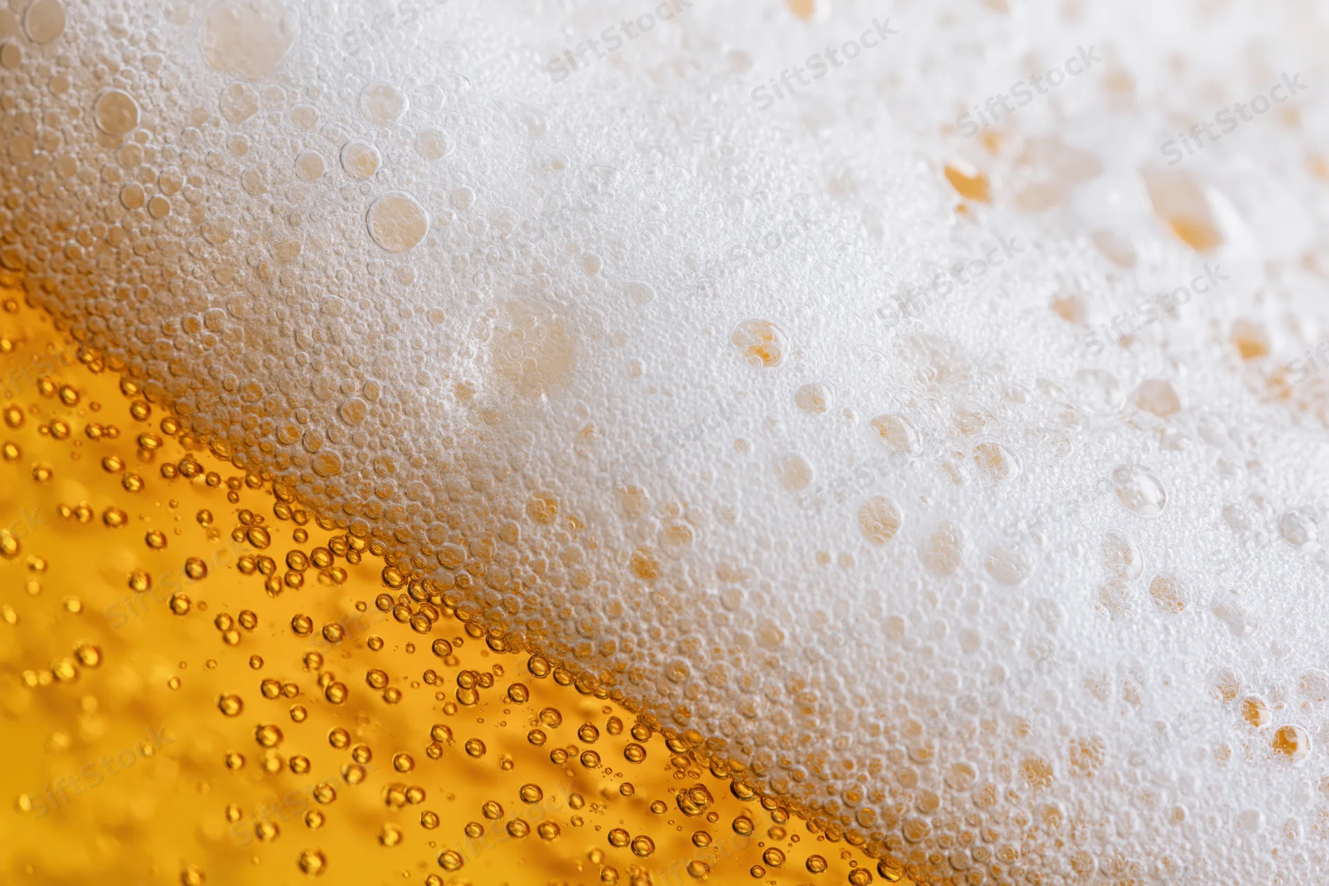 Golden lager beer with thick white foam and rising bubbles in close-up view