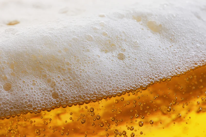 Golden lager beer with thick foam and rising bubbles in close-up view
