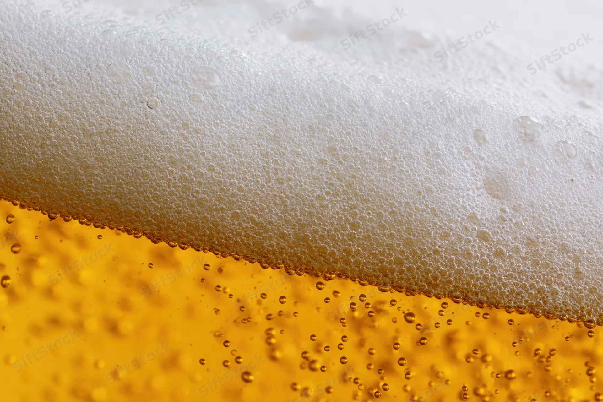 Golden lager beer with thick white foam and rising bubbles in close-up view