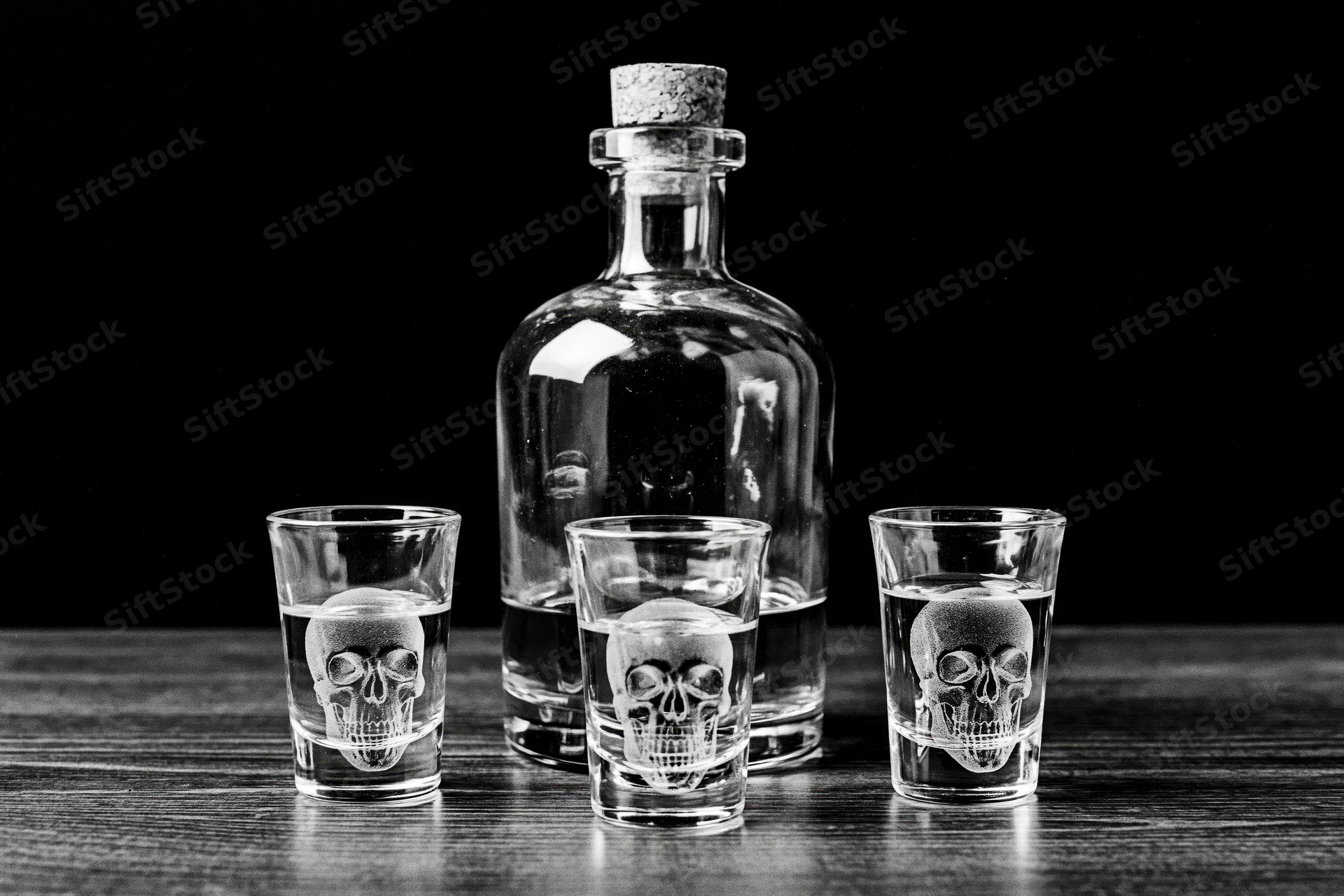 Glass decanter with cork stopper flanked by three skull-etched shot glasses on wooden table