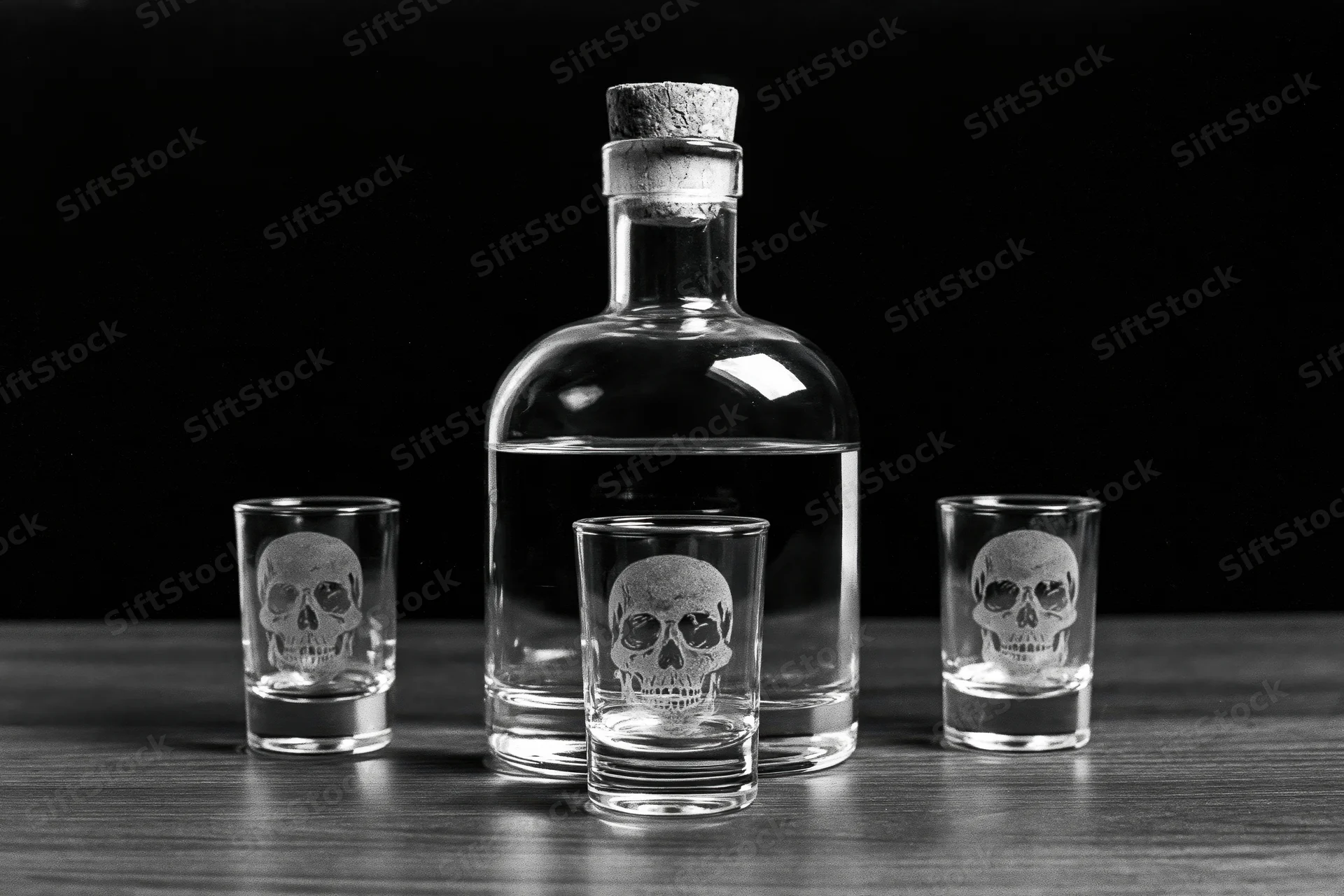 Glass decanter with cork stopper flanked by three skull-etched shot glasses on wooden surface
