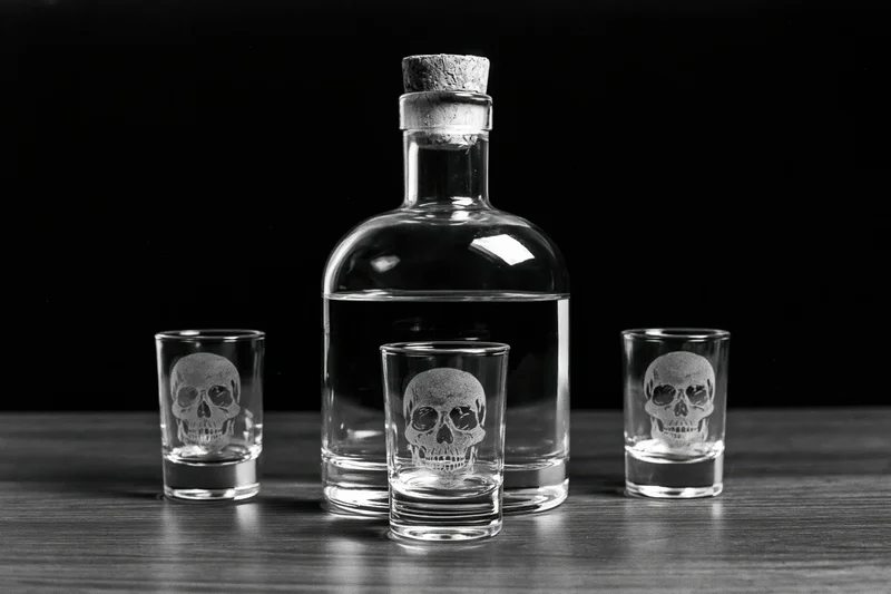Glass decanter with cork stopper flanked by three skull-etched shot glasses on wooden surface