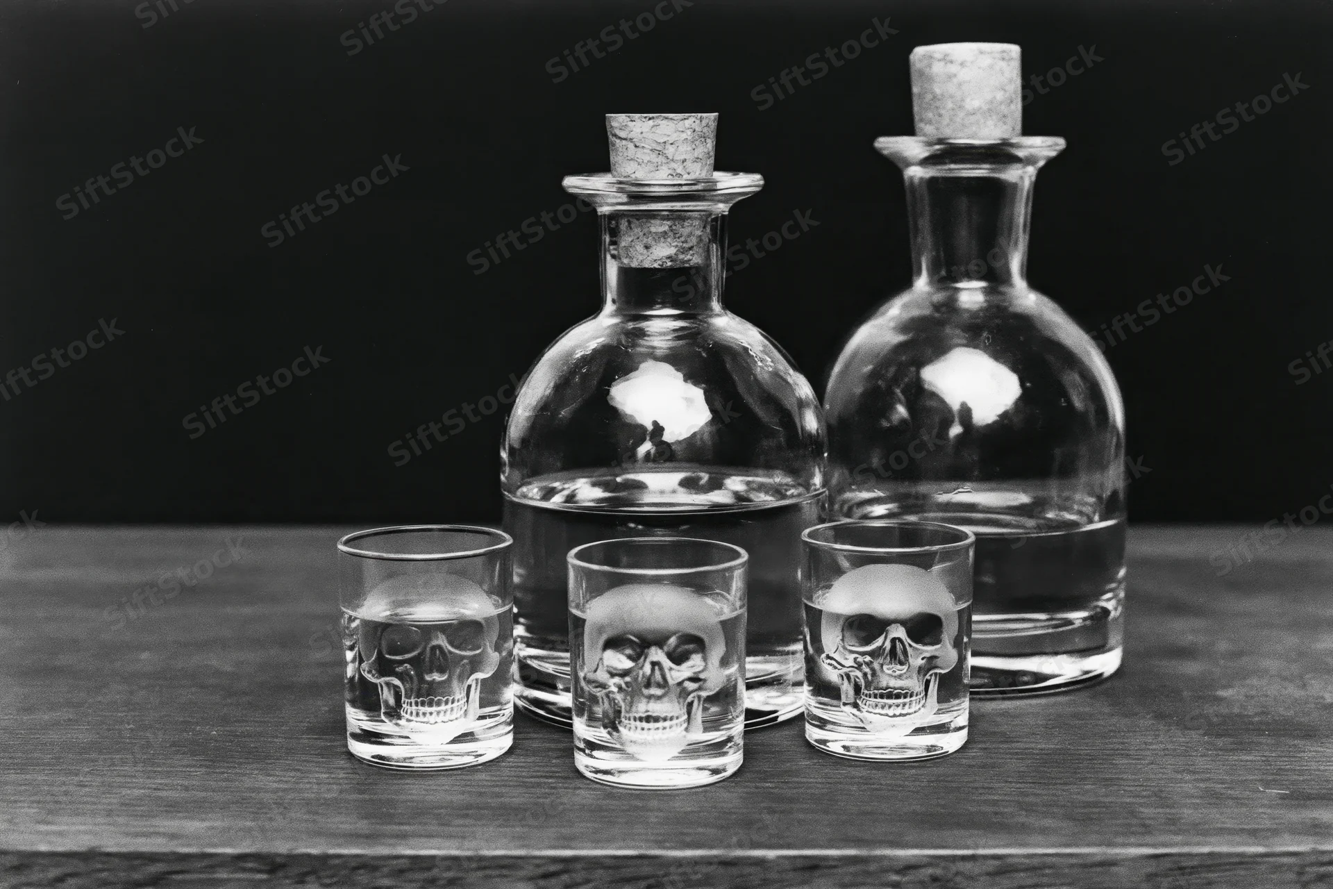 Three skull-etched shot glasses and two glass decanters with cork stoppers arranged on a wooden table