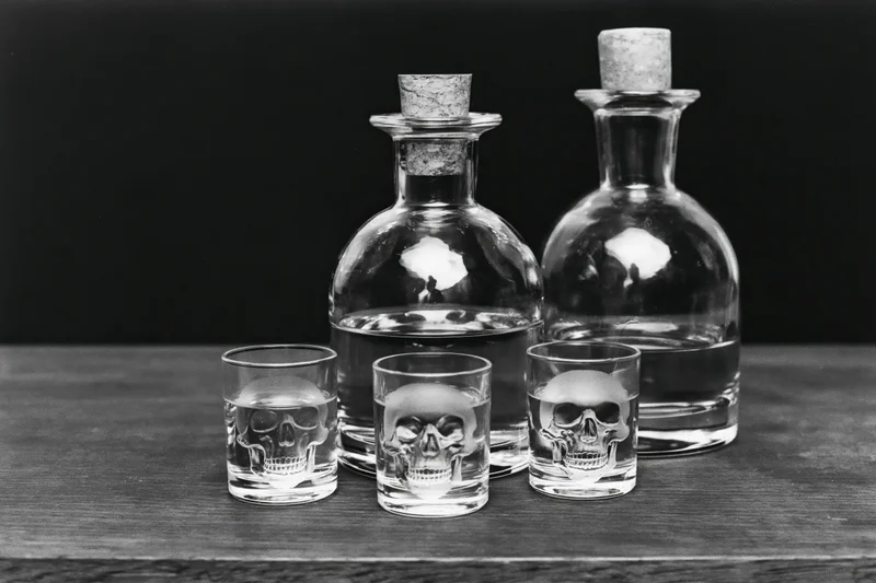 Three skull-etched shot glasses and two glass decanters with cork stoppers arranged on a wooden table