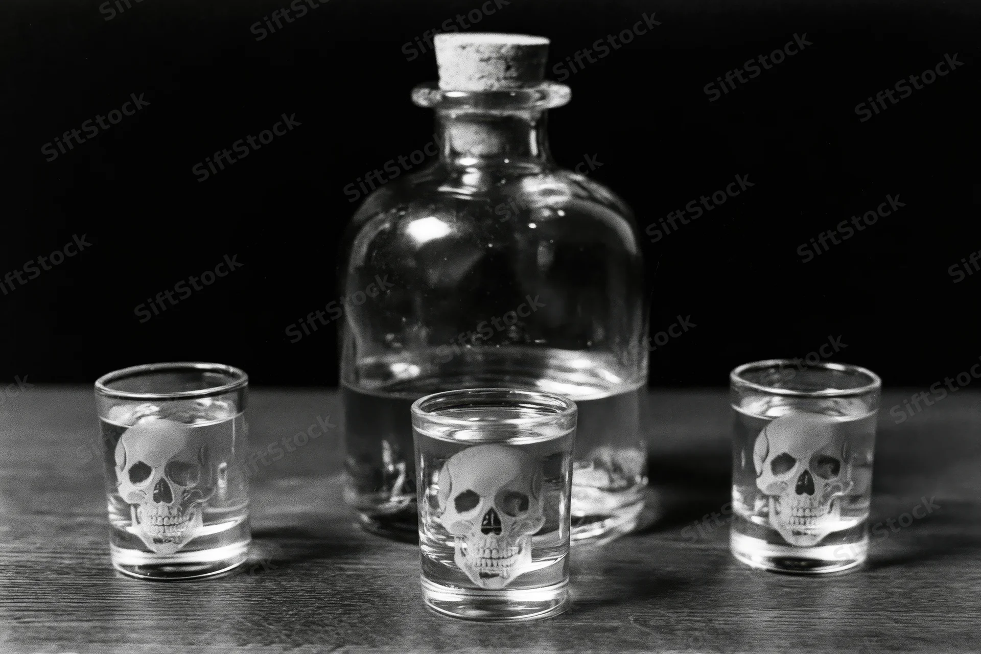 Glass decanter with cork stopper flanked by three skull-etched shot glasses on wooden surface