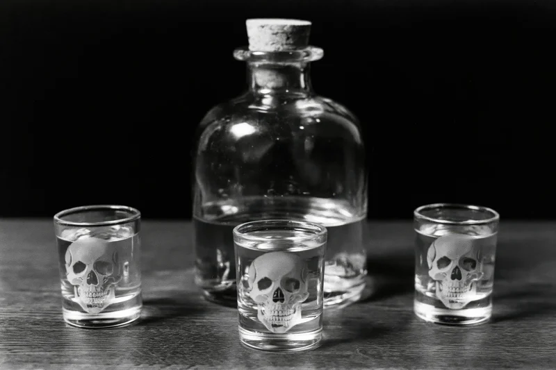 Glass decanter with cork stopper flanked by three skull-etched shot glasses on wooden surface
