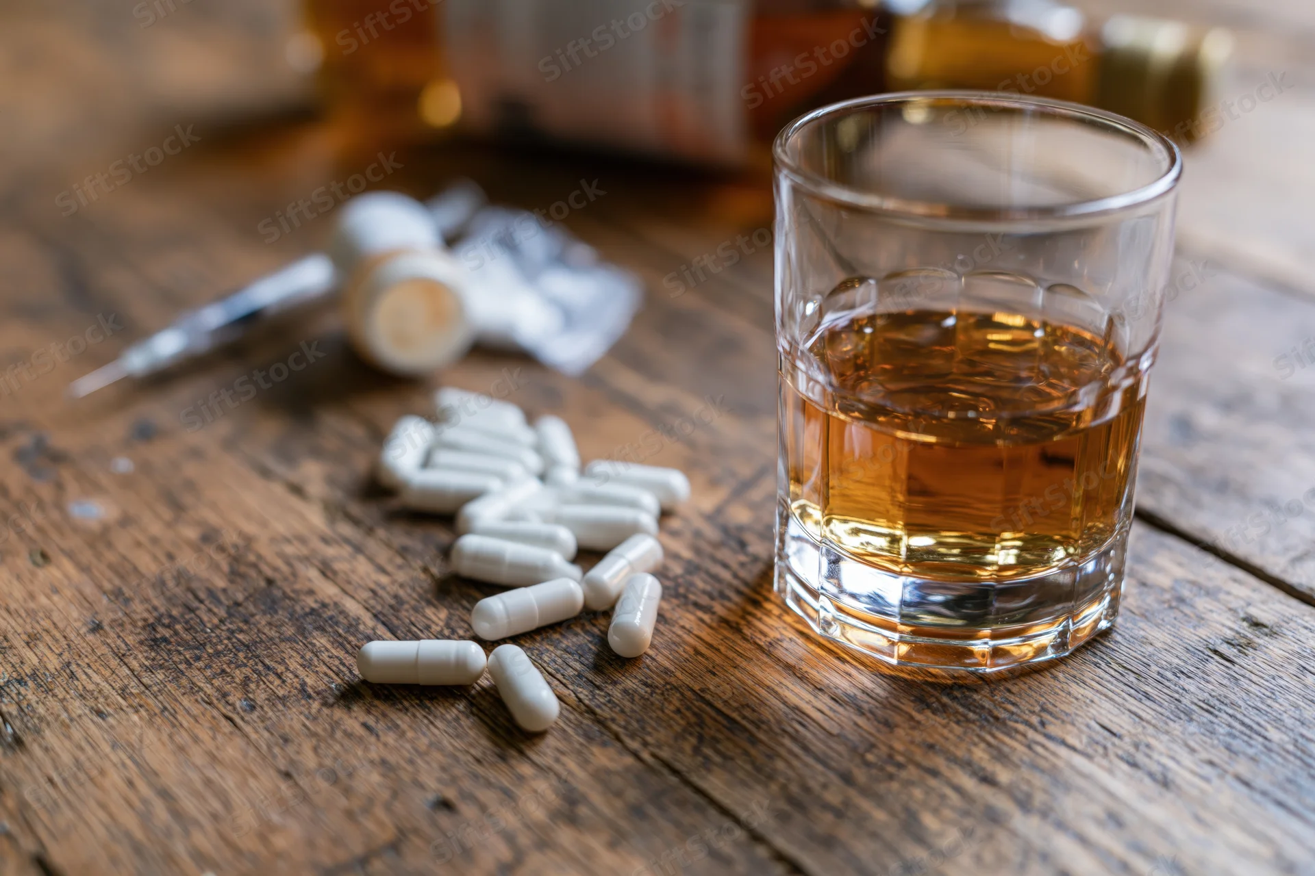 Glass of amber whiskey beside scattered white capsules on wooden surface