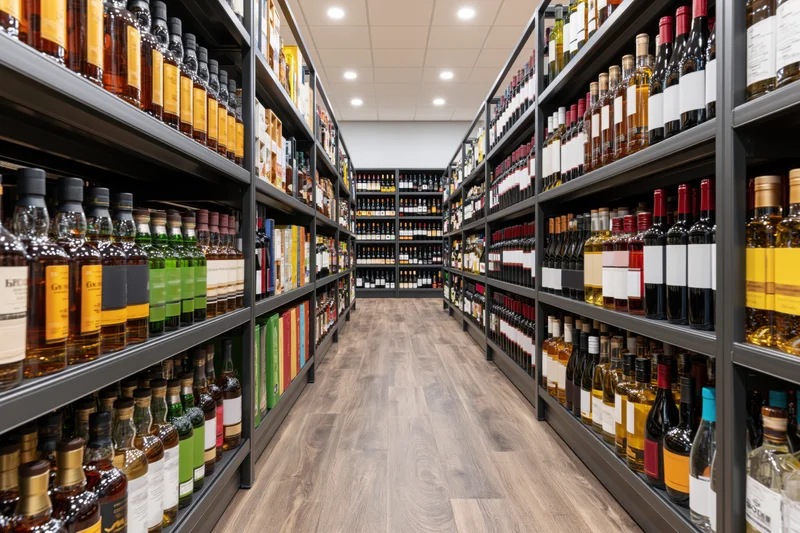 Straight aisle between tall shelves stocked with various bottles of alcohol in a modern liquor store interior