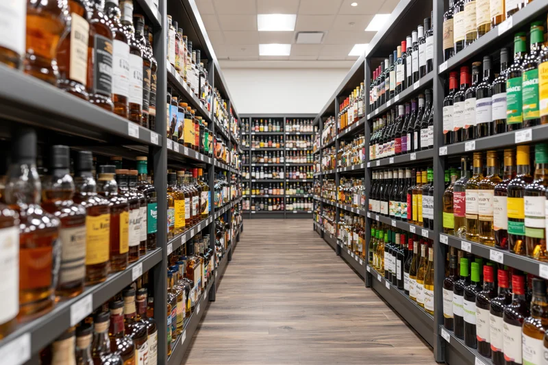 Long aisle in a modern liquor store lined with shelves of bottles of alcohol and spirits