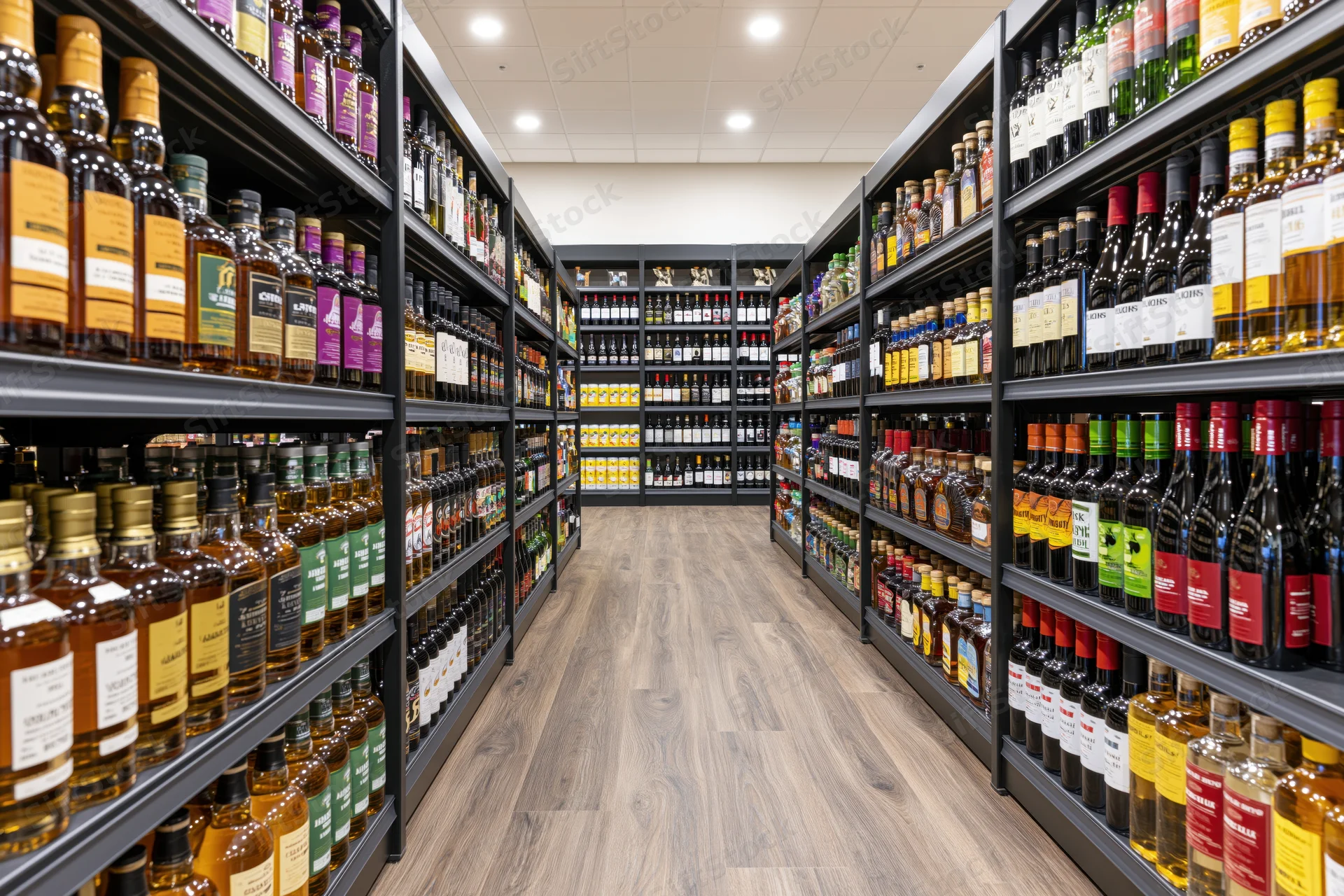 Long aisle in a modern liquor store lined with shelves of alcohol bottles on wood flooring