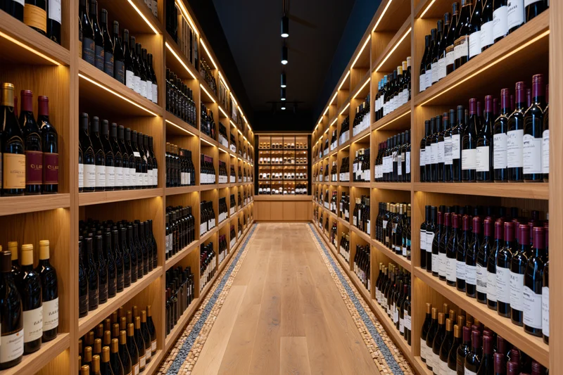 Long aisle in a wine shop lined with wooden shelves holding bottles of wine, illuminated by warm lighting, with cork-lined floor path leading to back wall display