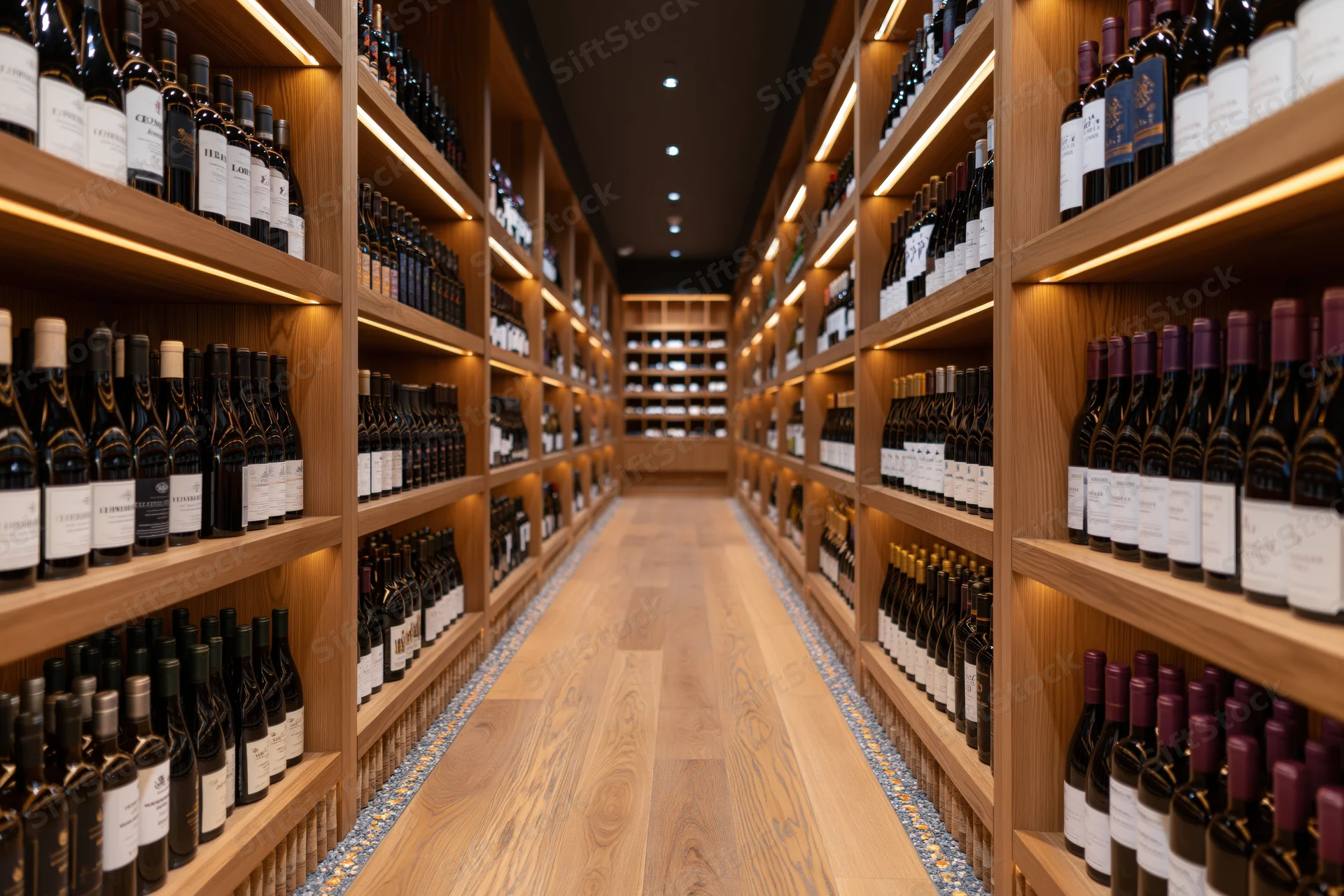 Long aisle in a wine shop lined with wooden shelves holding bottles of wine, illuminated by warm recessed lighting