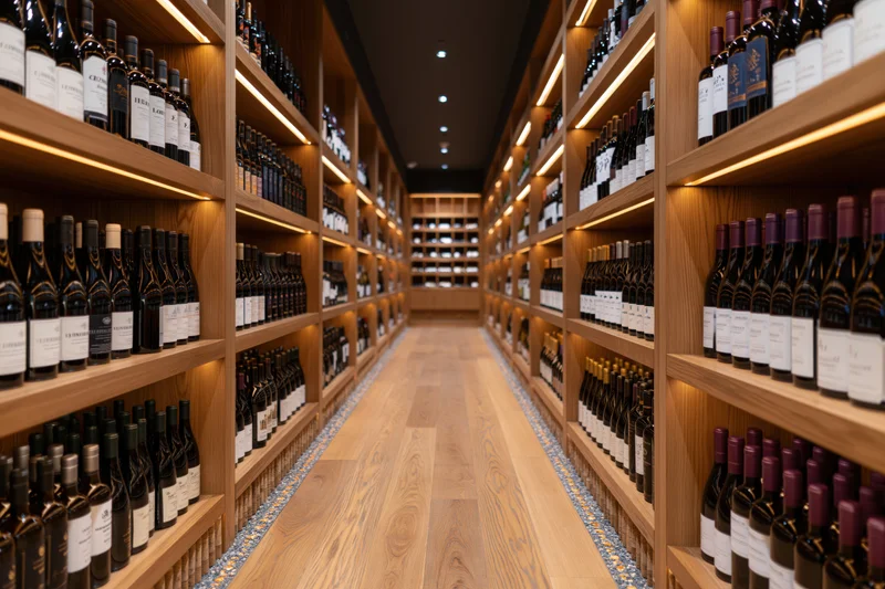 Long aisle in a wine shop lined with wooden shelves holding bottles of wine, illuminated by warm recessed lighting