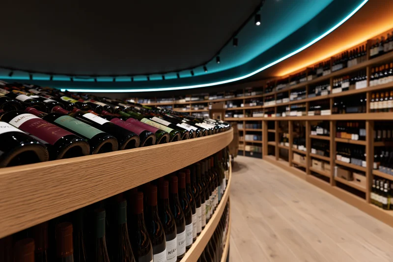 Curved wooden shelves lined with wine bottles in a modern shop interior