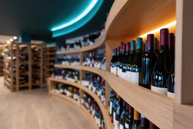 Curved wooden shelves lined with wine bottles in a modern shop interior