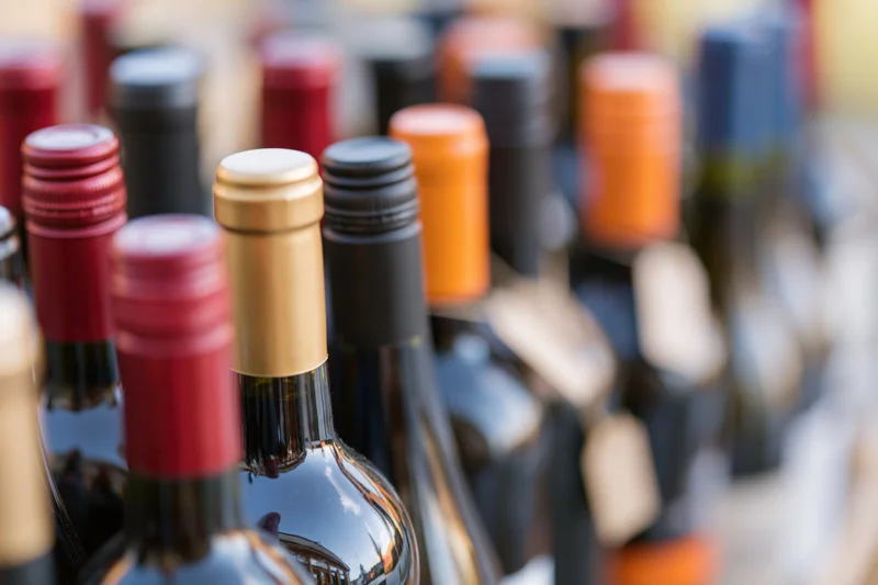 Closeup of assorted wine and liquor bottle tops arranged in rows