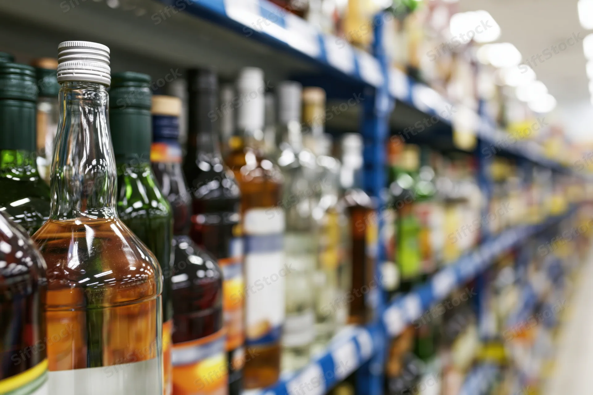 Rows of liquor bottles arranged on blue metal shelves in a store aisle