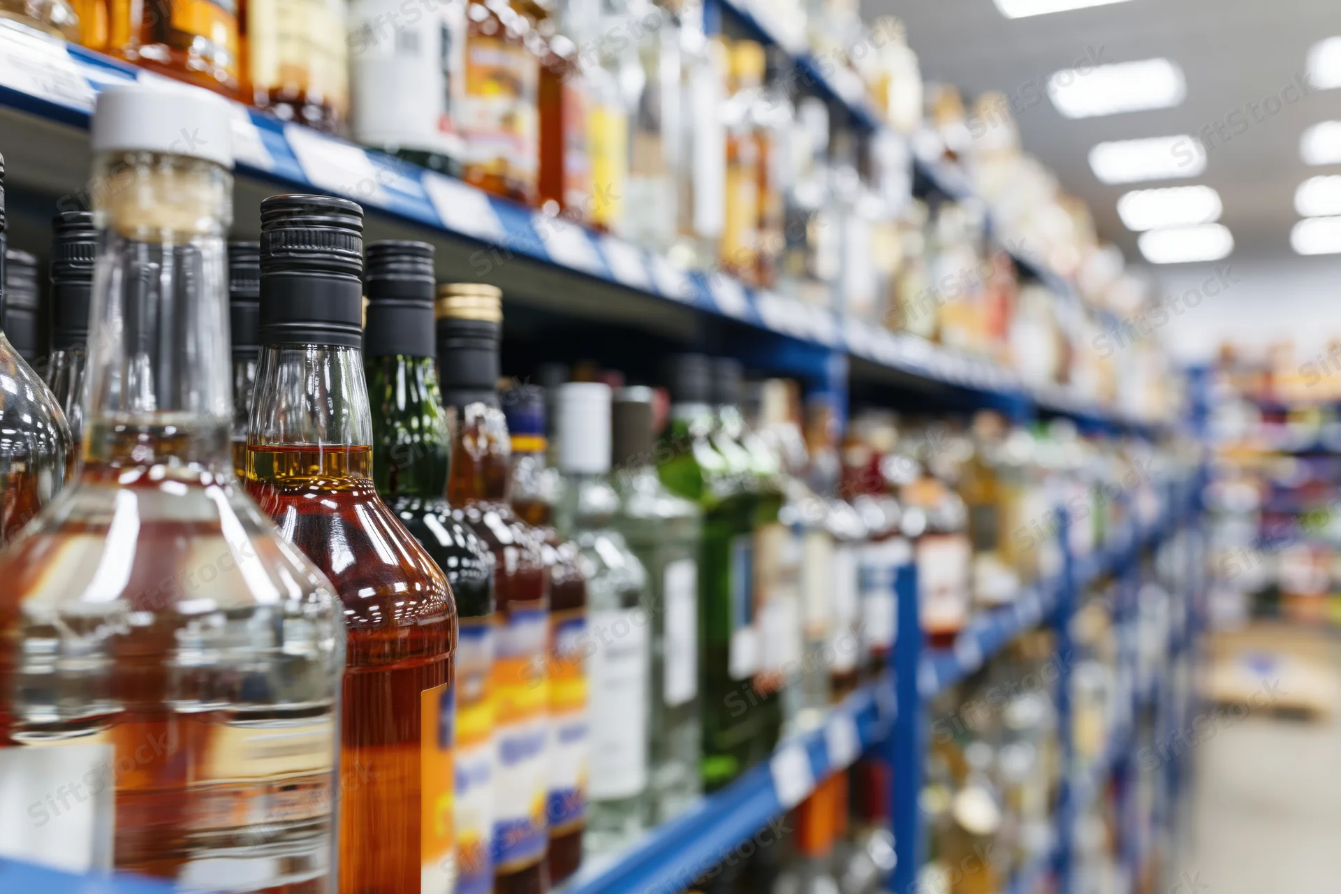 Rows of liquor bottles on blue metal shelves in a supermarket aisle