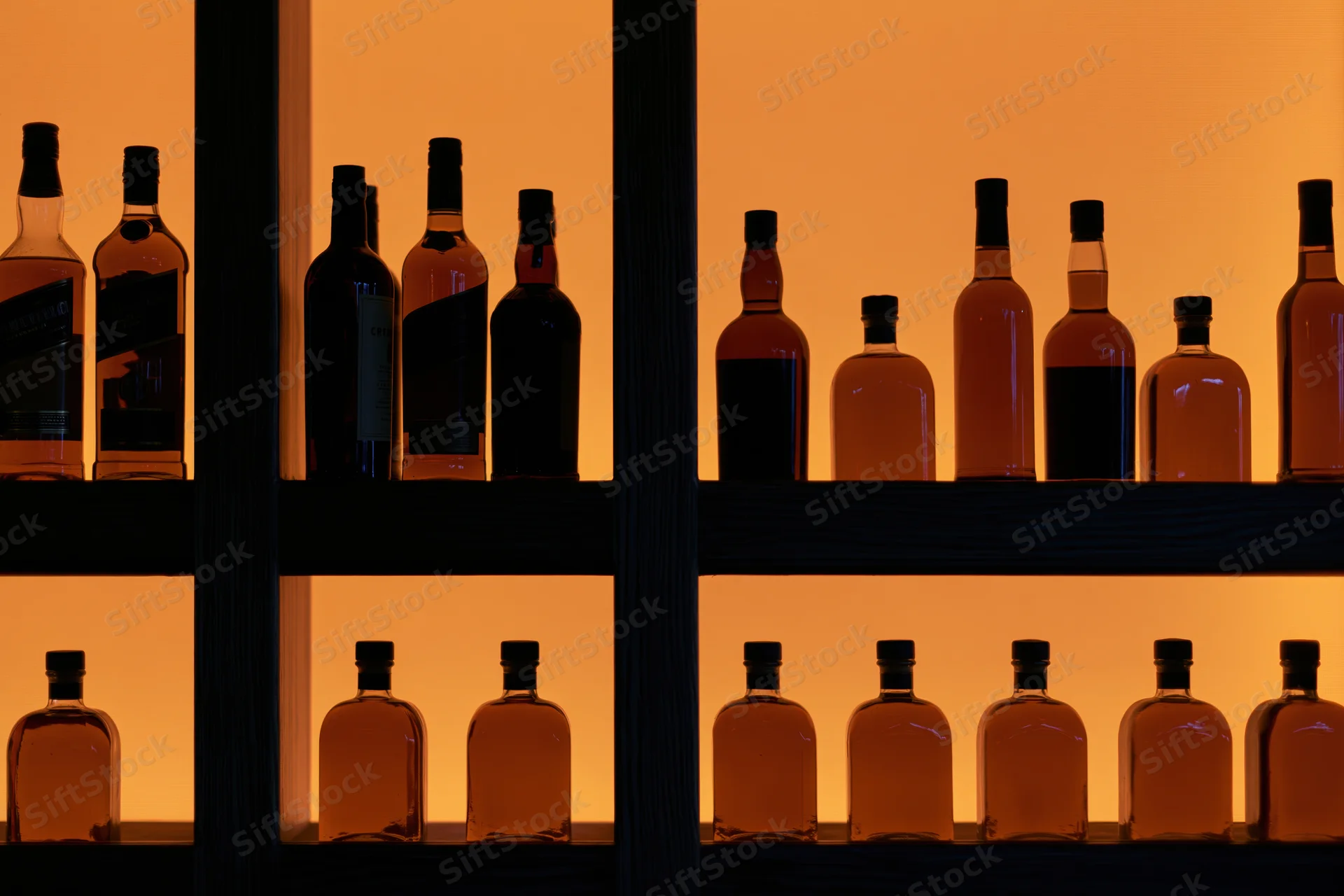 Rows of liquor bottles silhouetted against backlit bar shelves