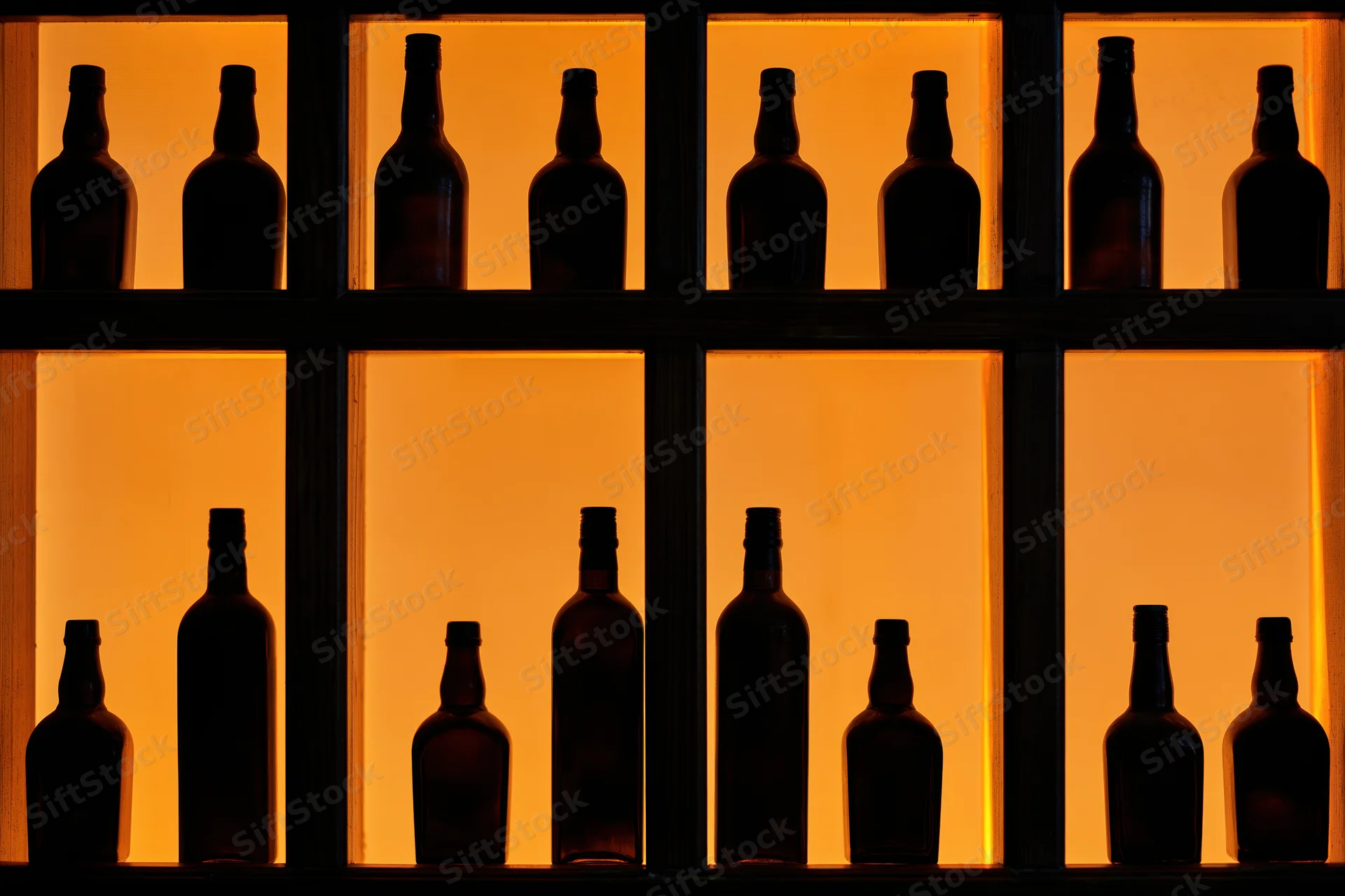 Silhouetted liquor bottles arranged in a grid on backlit bar shelves