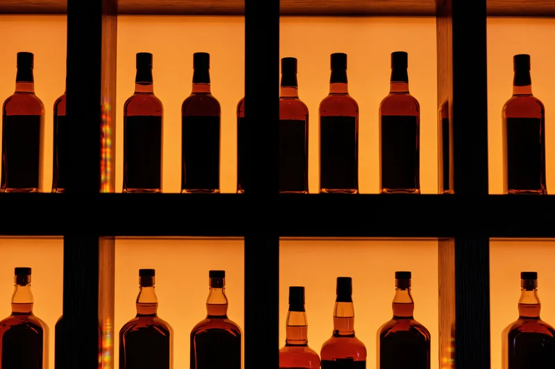 Rows of liquor bottles silhouetted against backlit bar shelves