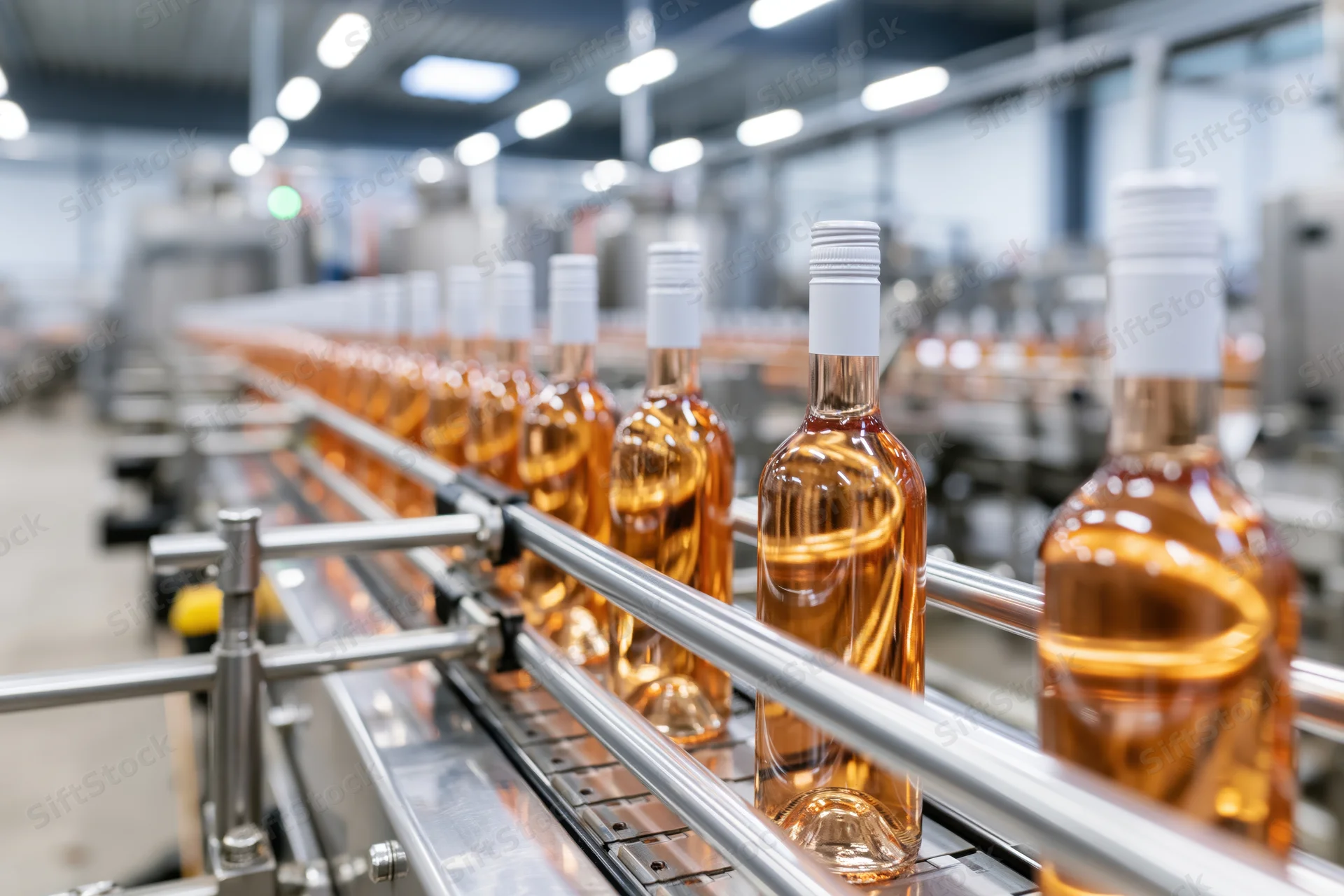 Rows of unlabeled rosé wine bottles moving along a stainless steel conveyor in a factory production line