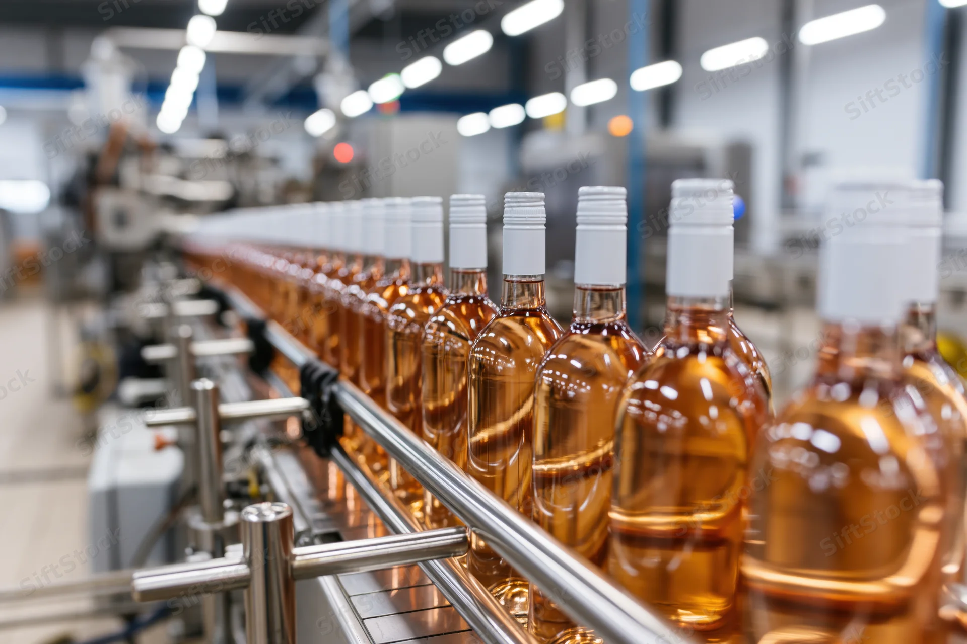 Rows of unlabeled rosé wine bottles moving along a stainless steel conveyor in a factory production line