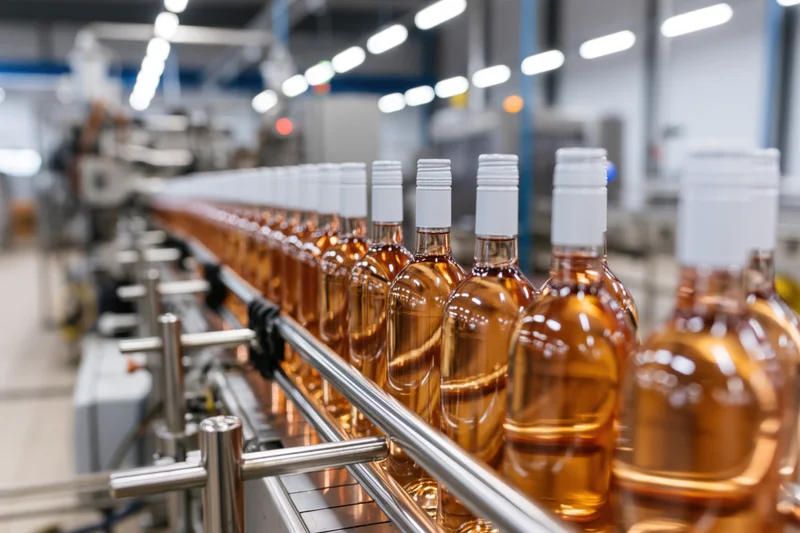 Rows of unlabeled rosé wine bottles moving along a stainless steel conveyor in a factory production line