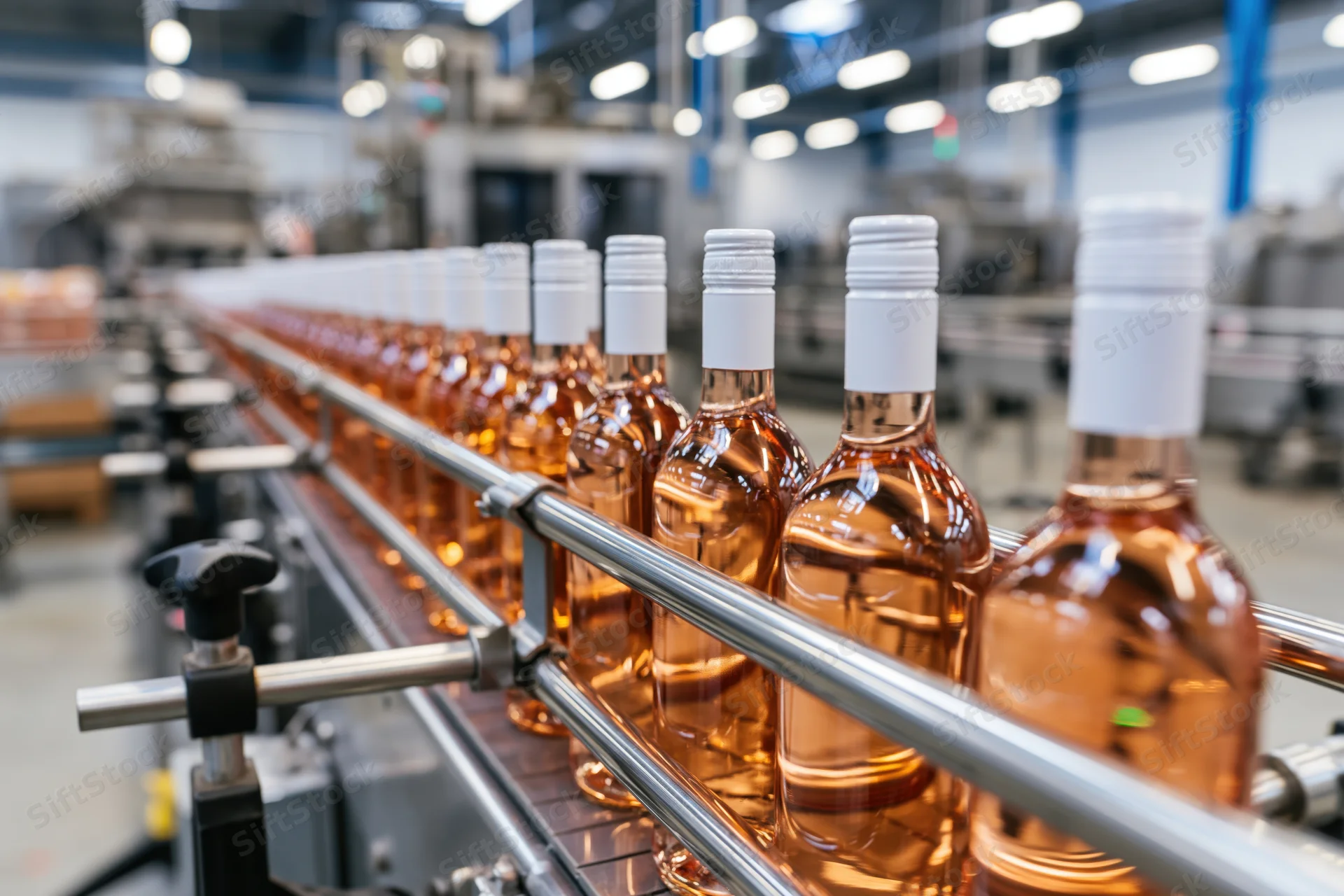 Rows of rosé wine bottles moving along a stainless steel conveyor in a factory